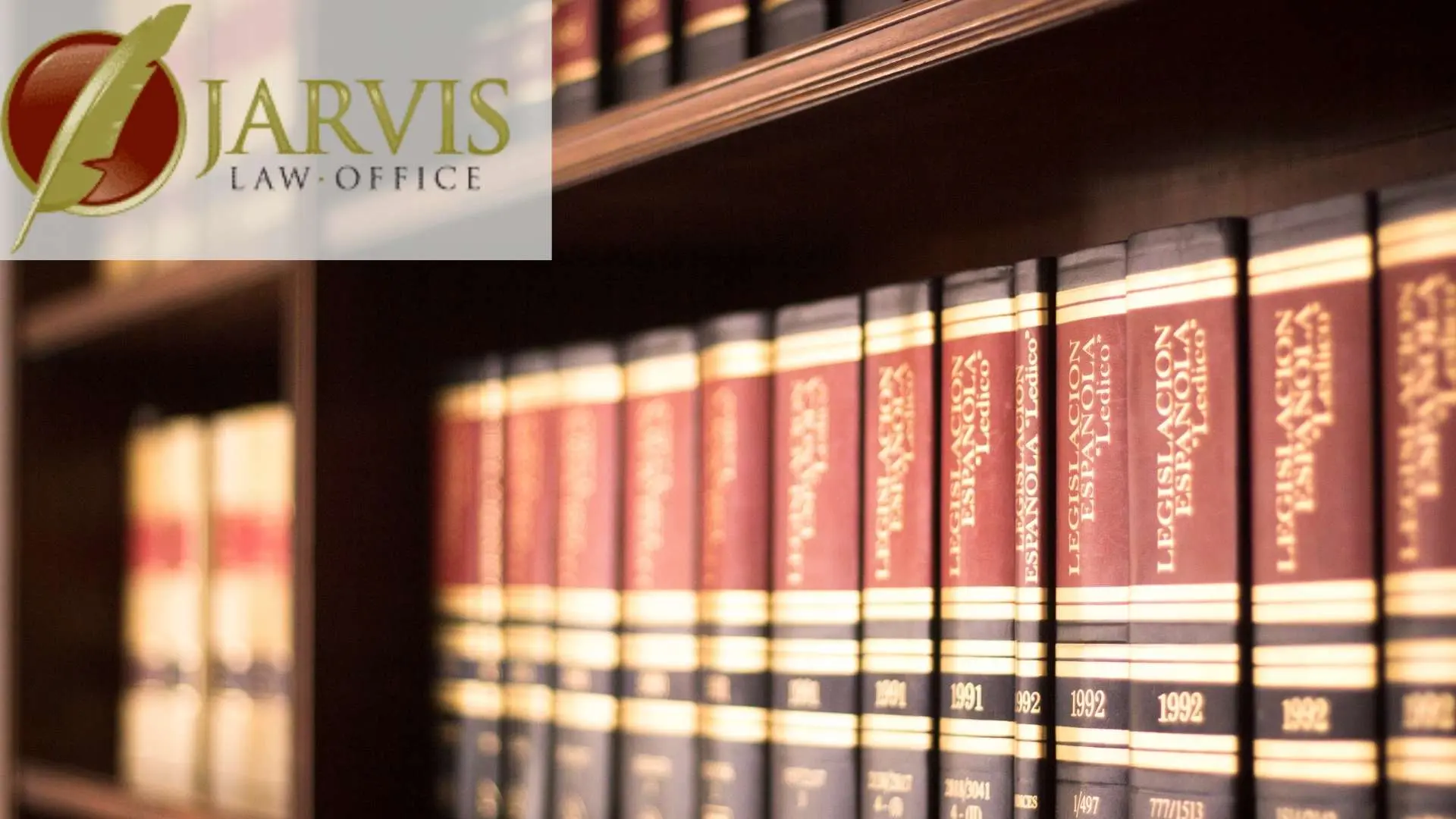 Law books on shelf with Jarvis Law Office logo
