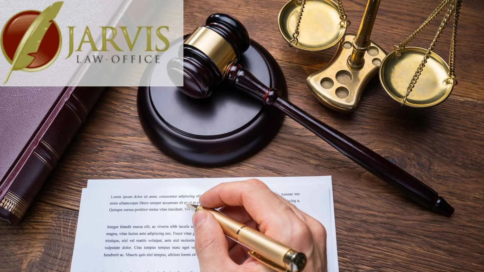 Gavel, scales, and signing legal document