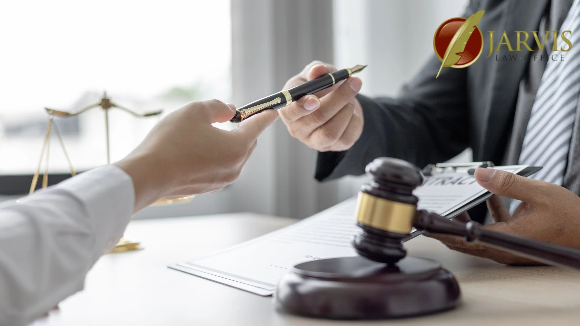 Lawyer handing pen over contract with gavel