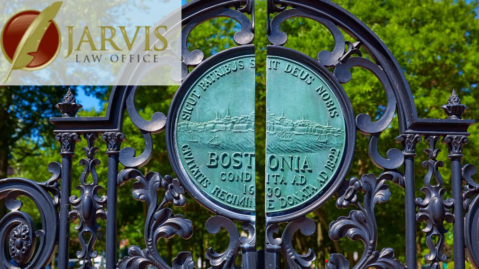 Ornate Boston Common gate with city seal medallion