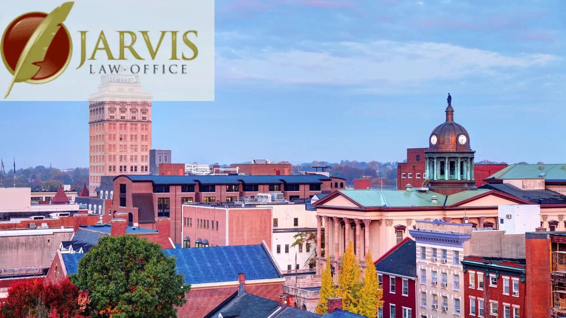 Downtown skyline with courthouse dome and law office logo
