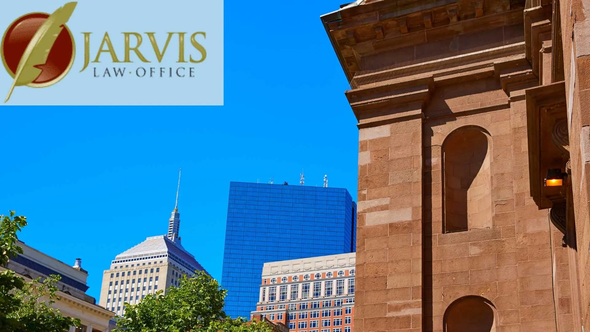 City skyline with Jarvis Law Office logo