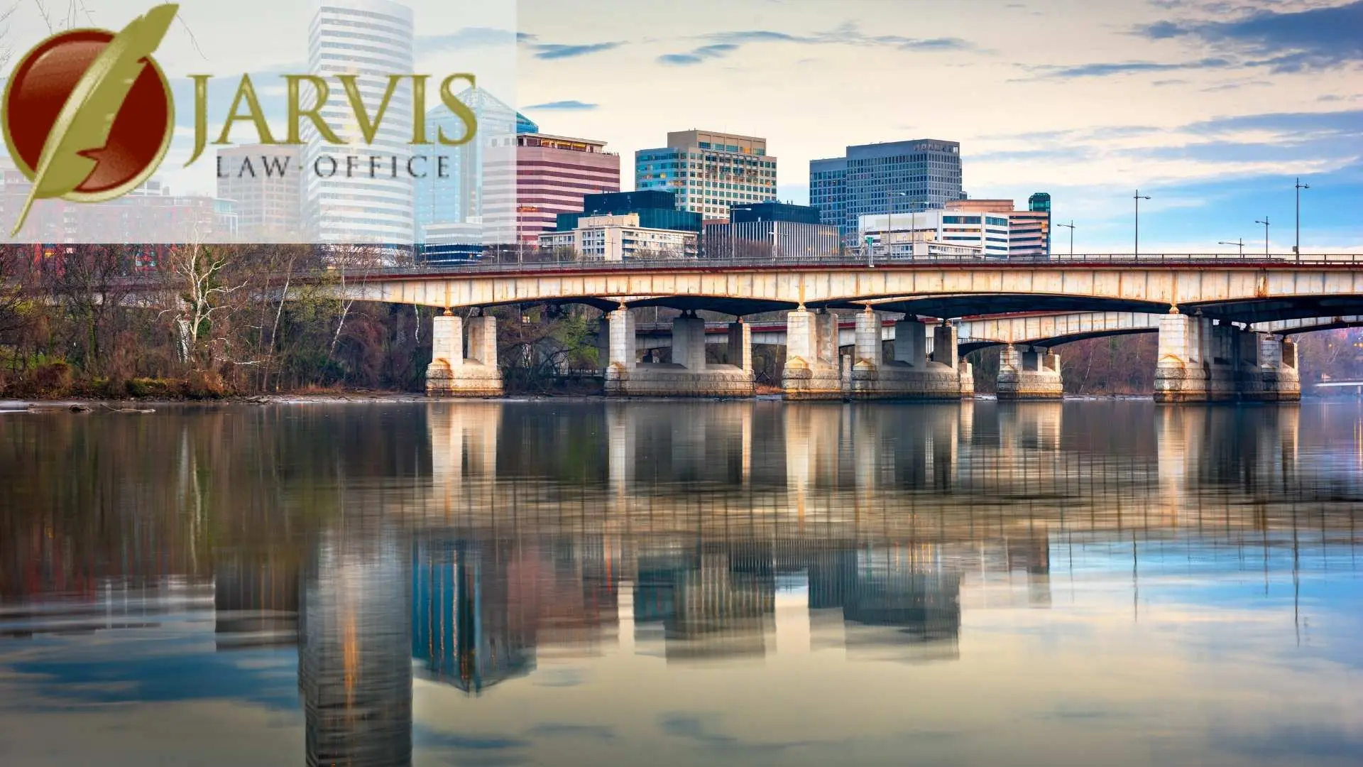 City skyline and bridge over calm river
