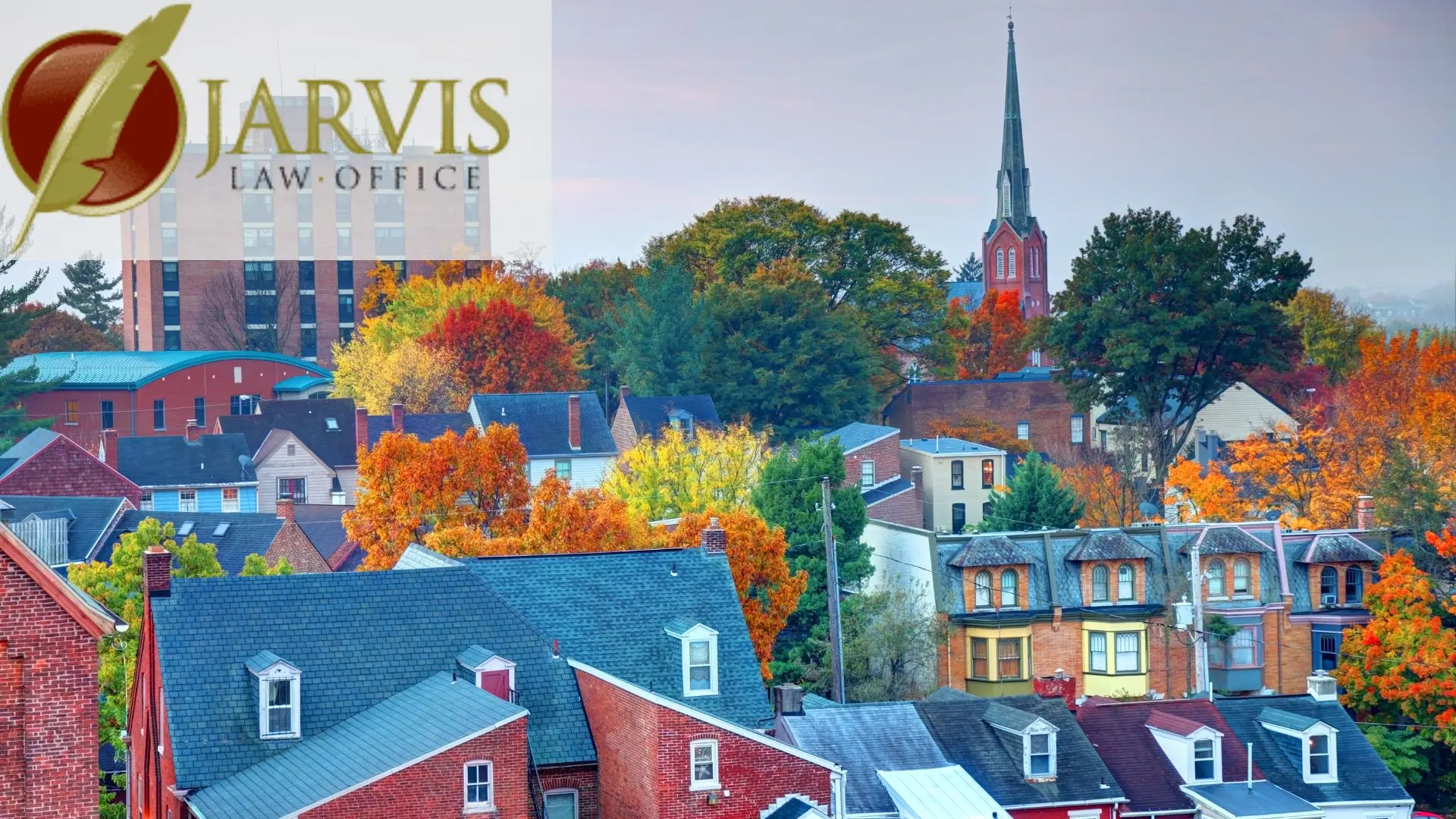 Colorful autumn neighborhood with church steeple and homes