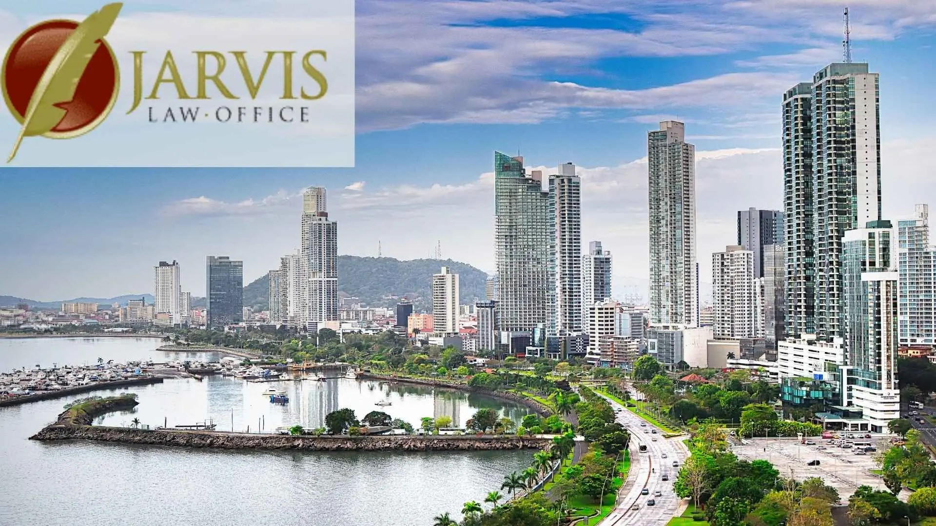 Waterfront city skyline with Jarvis Law Office logo