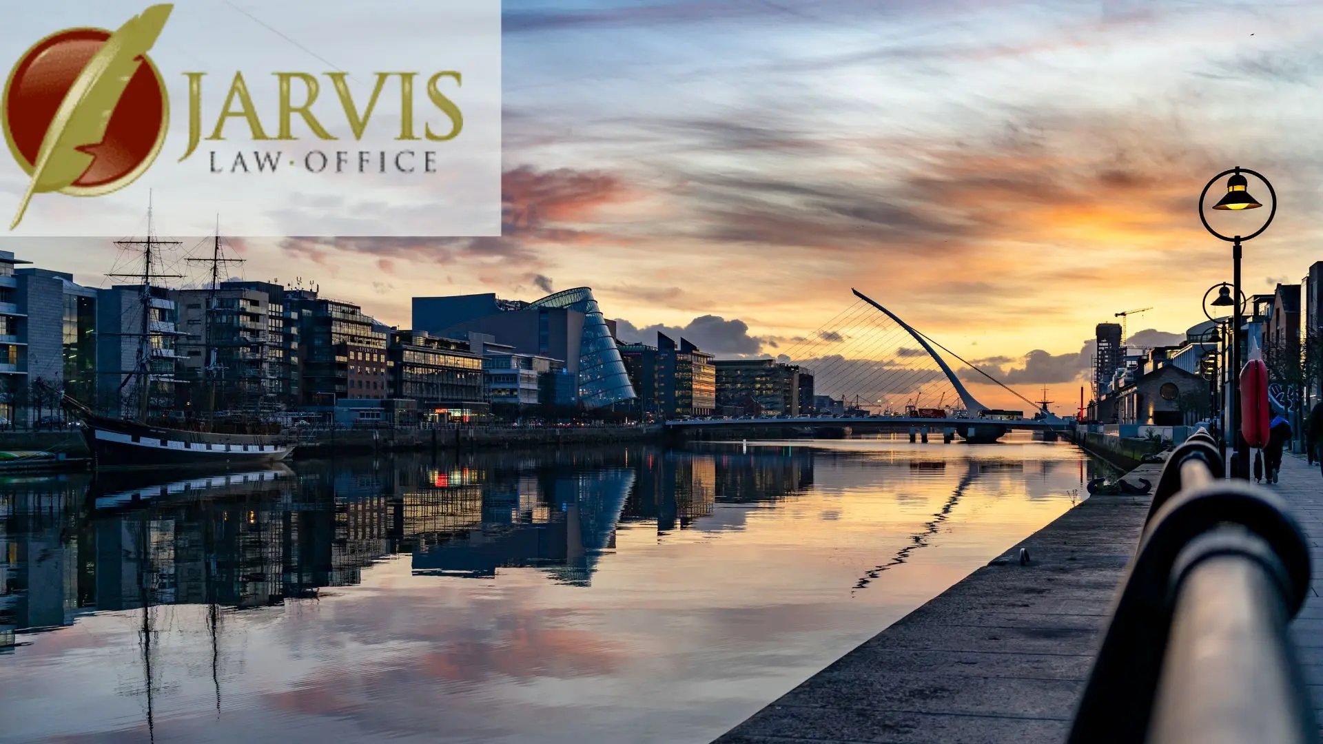 Dublin skyline at sunset with Samuel Beckett Bridge