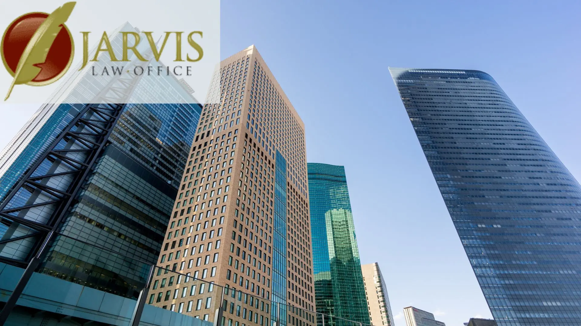 Modern skyscrapers with Jarvis Law Office logo