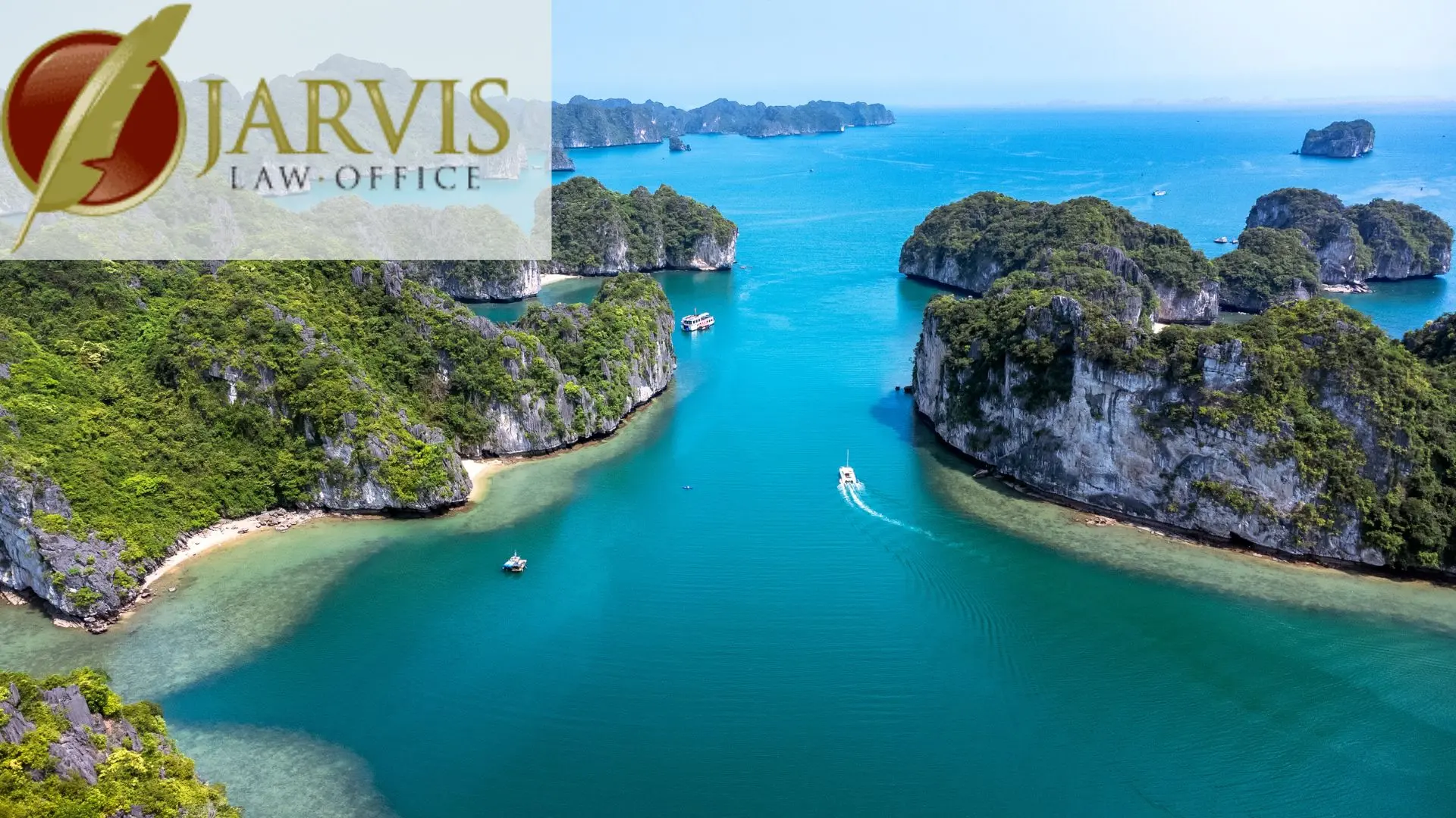 Aerial view of limestone islands and turquoise bay