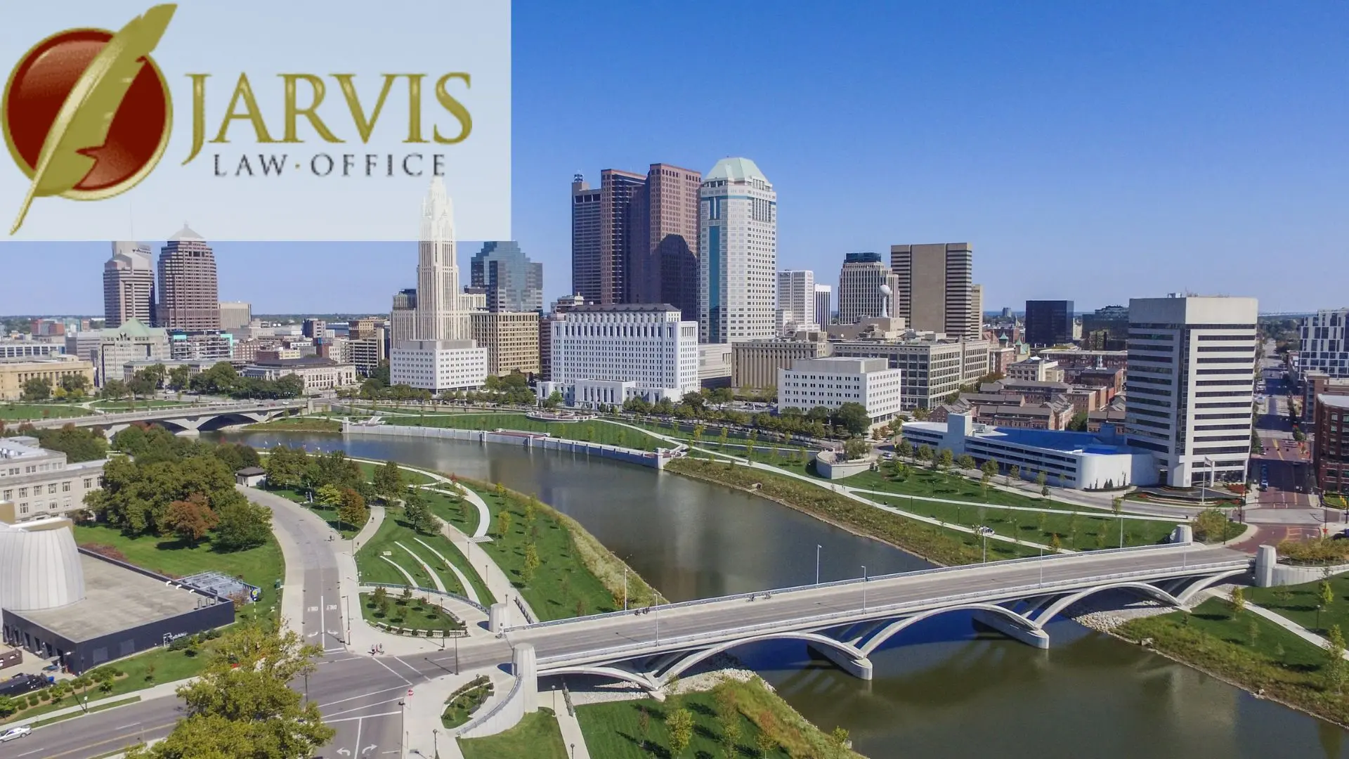 Columbus skyline with river and Jarvis Law Office logo