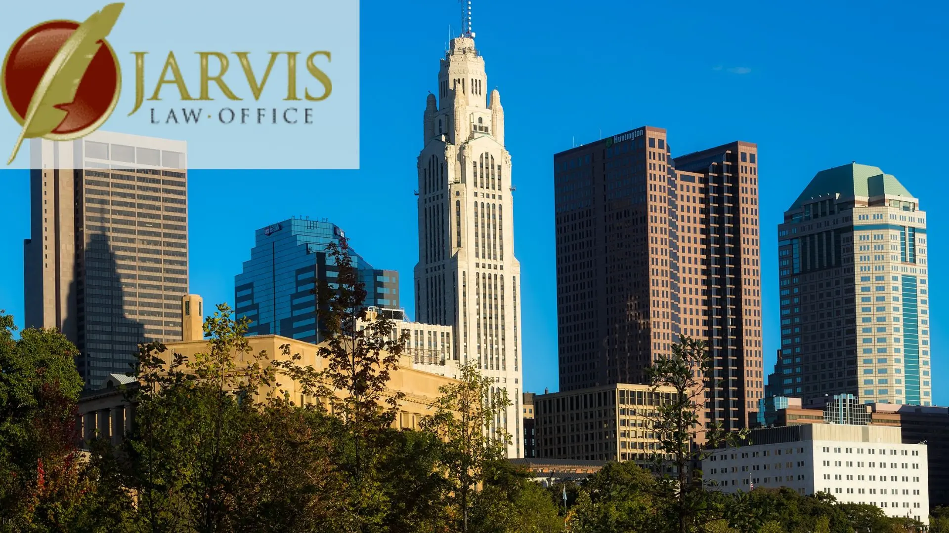 Columbus Ohio skyline with Jarvis Law Office logo