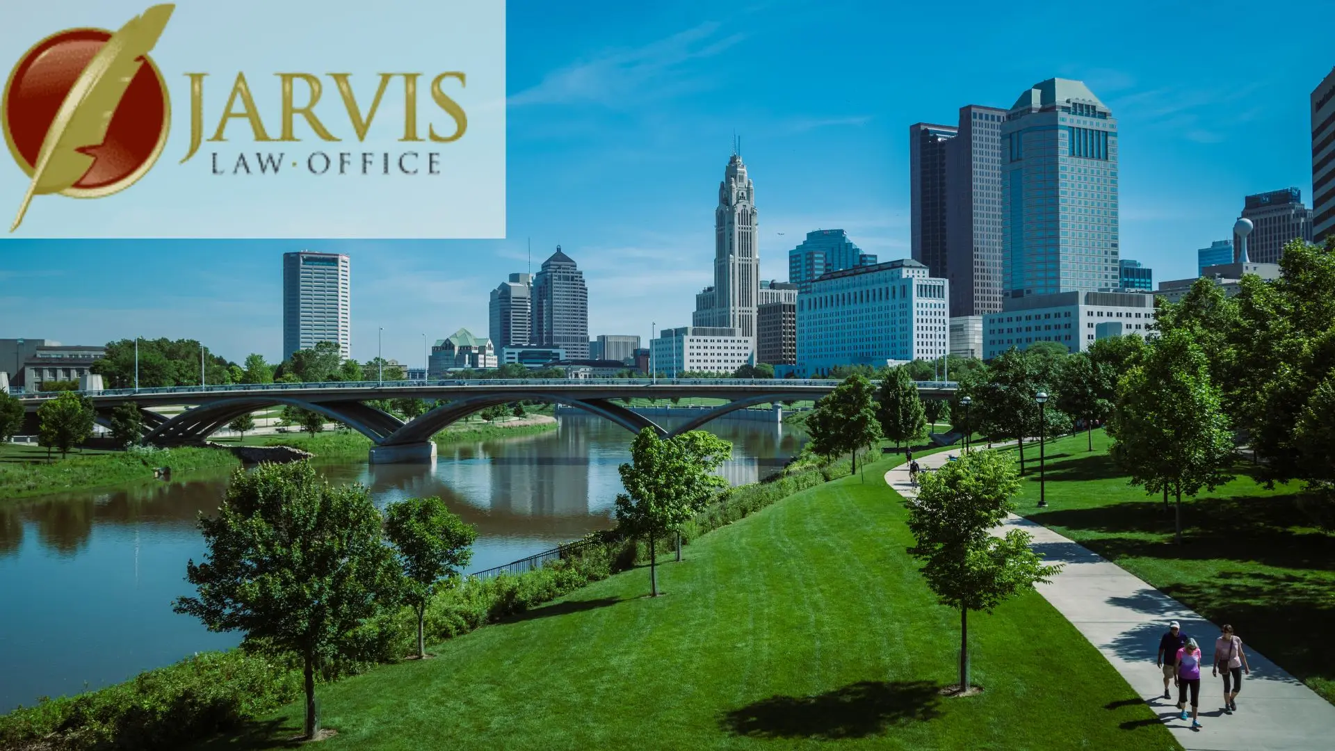 Ohio Columbus skyline and Scioto River parkfront view