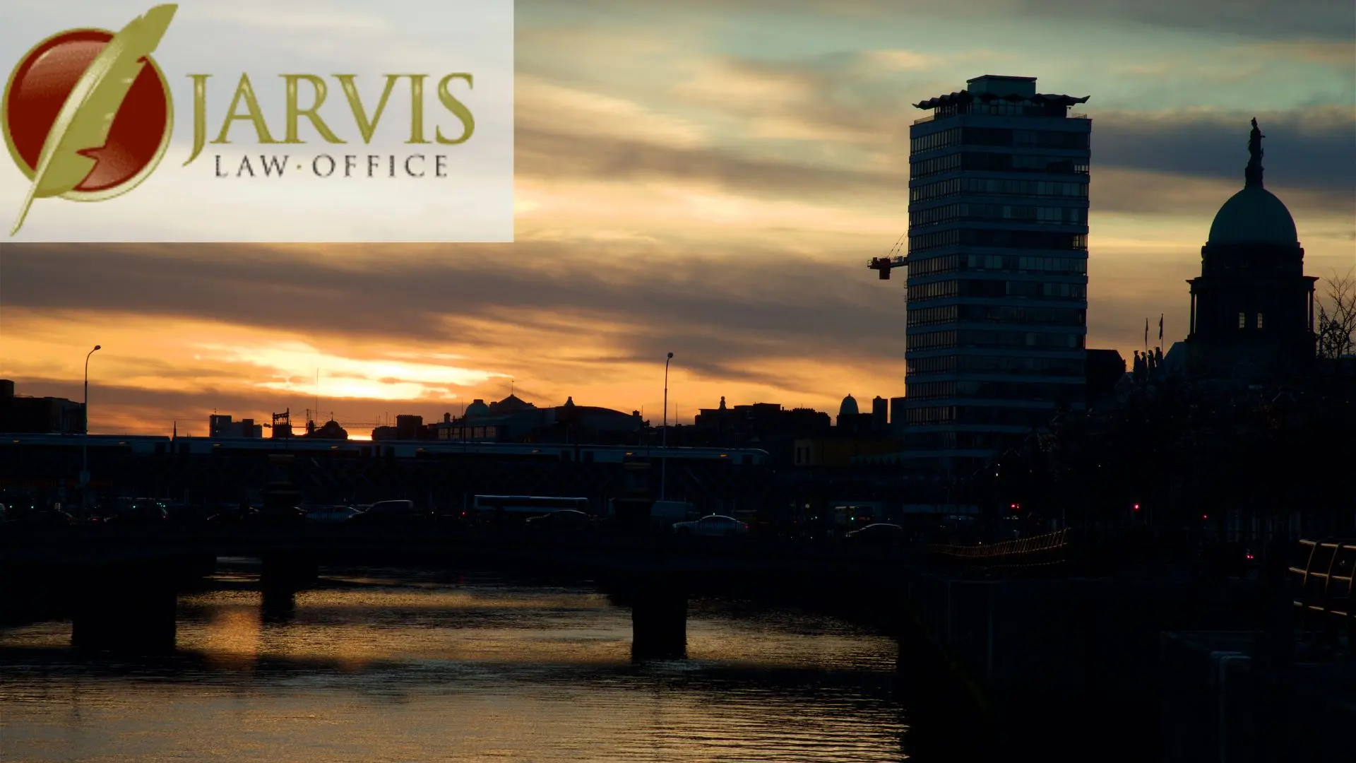 City skyline at sunset with Jarvis Law Office logo