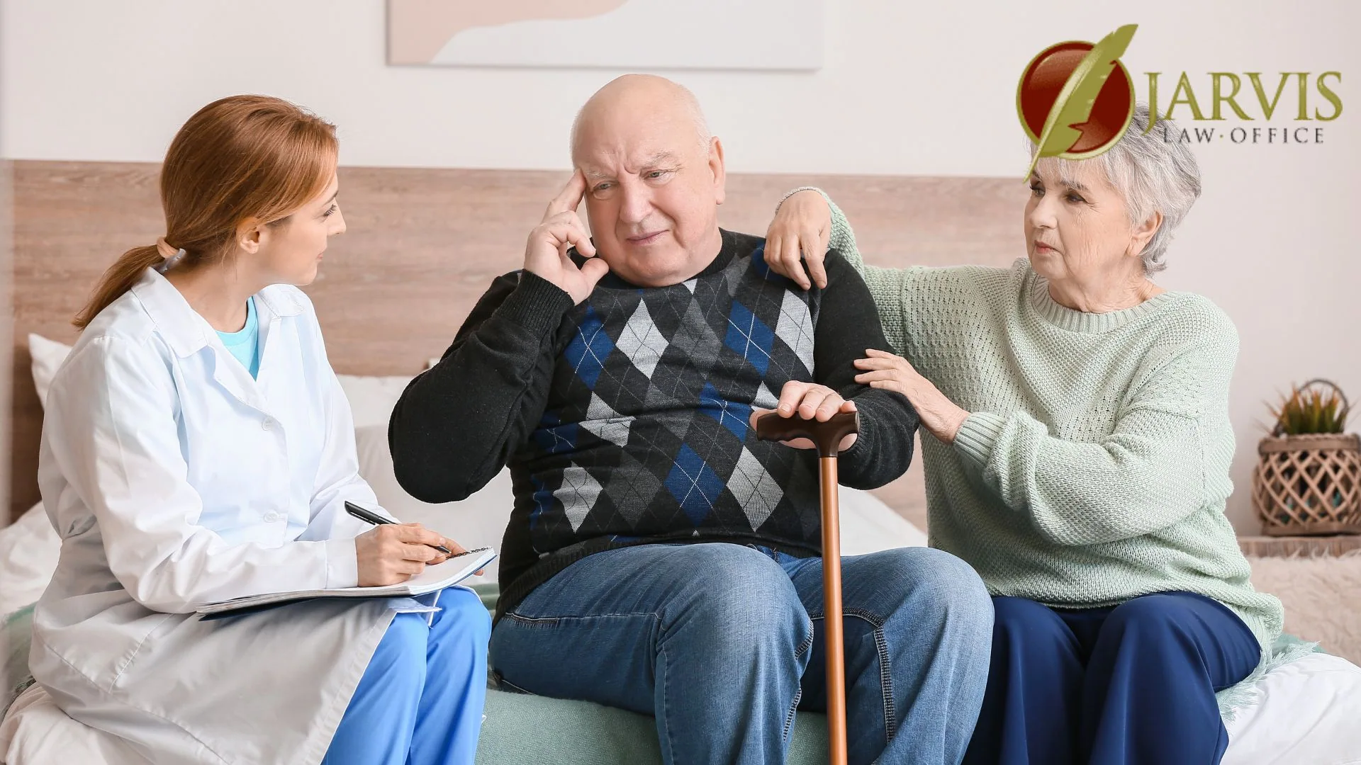 Elderly man with cane consulting doctor at home