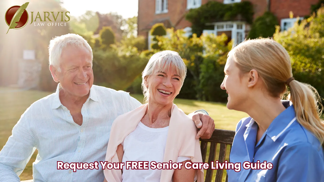 Smiling seniors discussing care with caregiver outside.