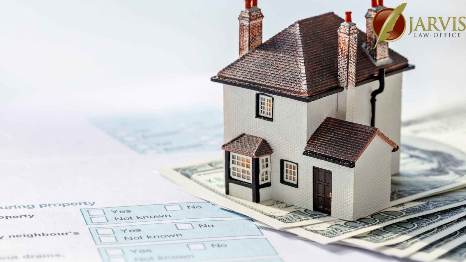 Model house on documents and money, legal services concept.