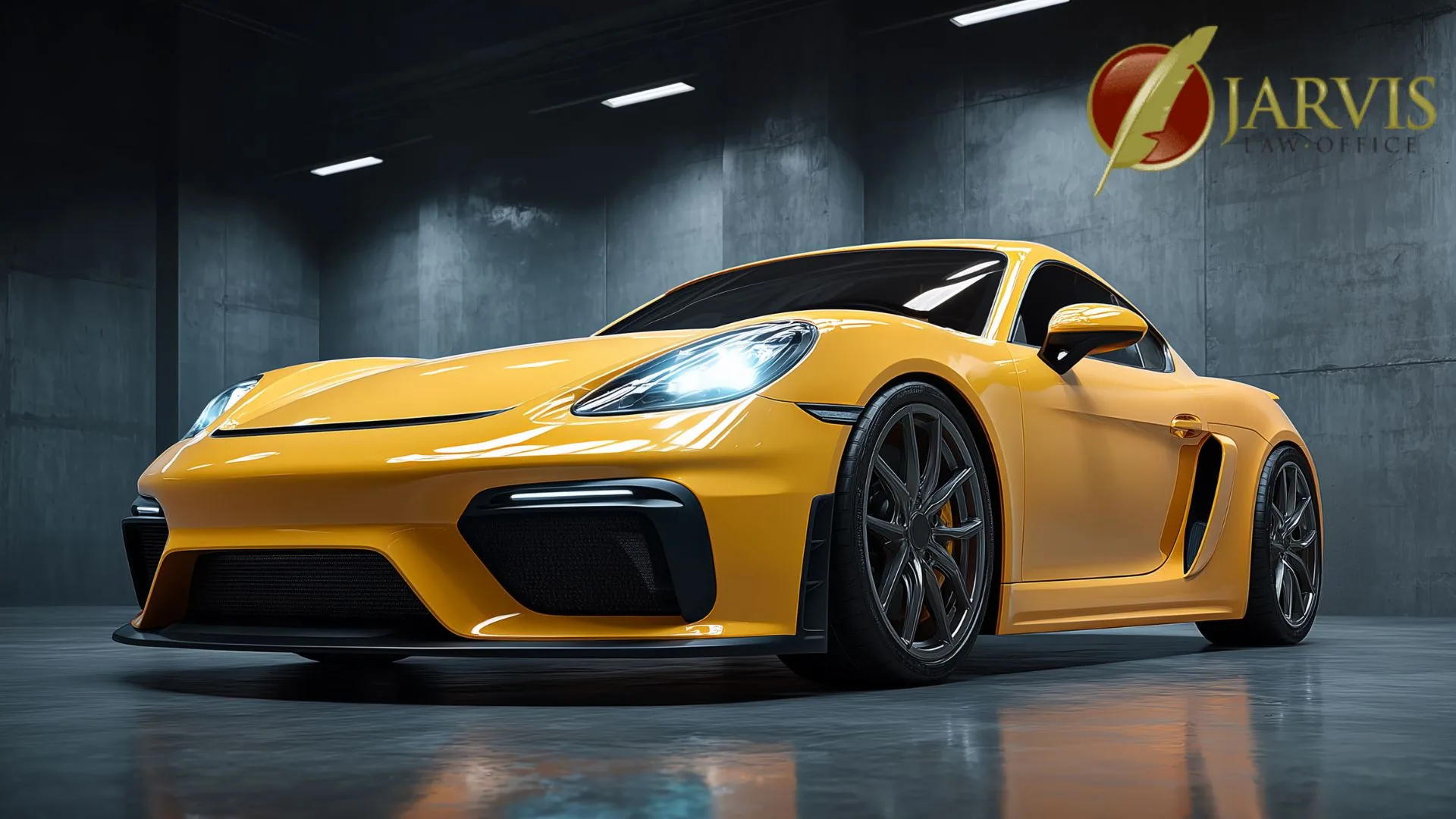 Yellow sports car in modern indoor garage