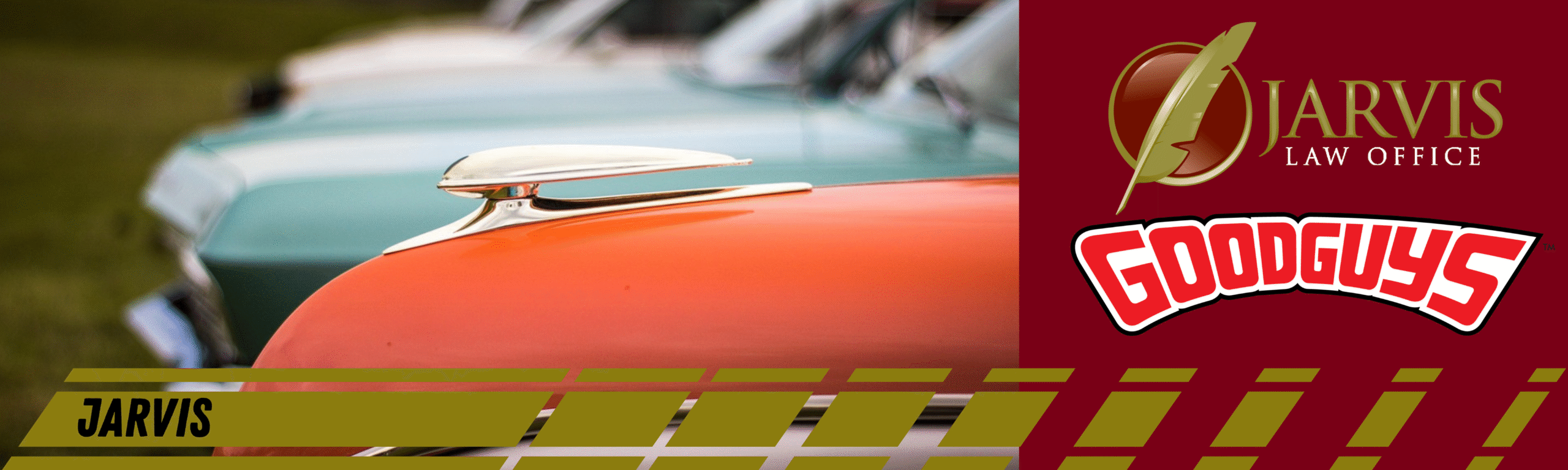 Classic car lineup with Jarvis Law Office logo