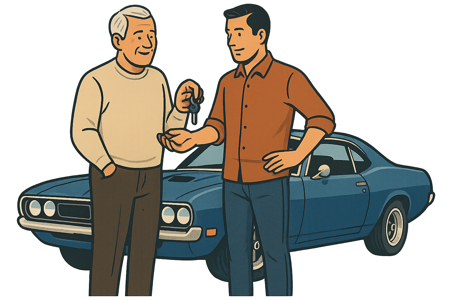 Two men exchanging car keys in front of car.