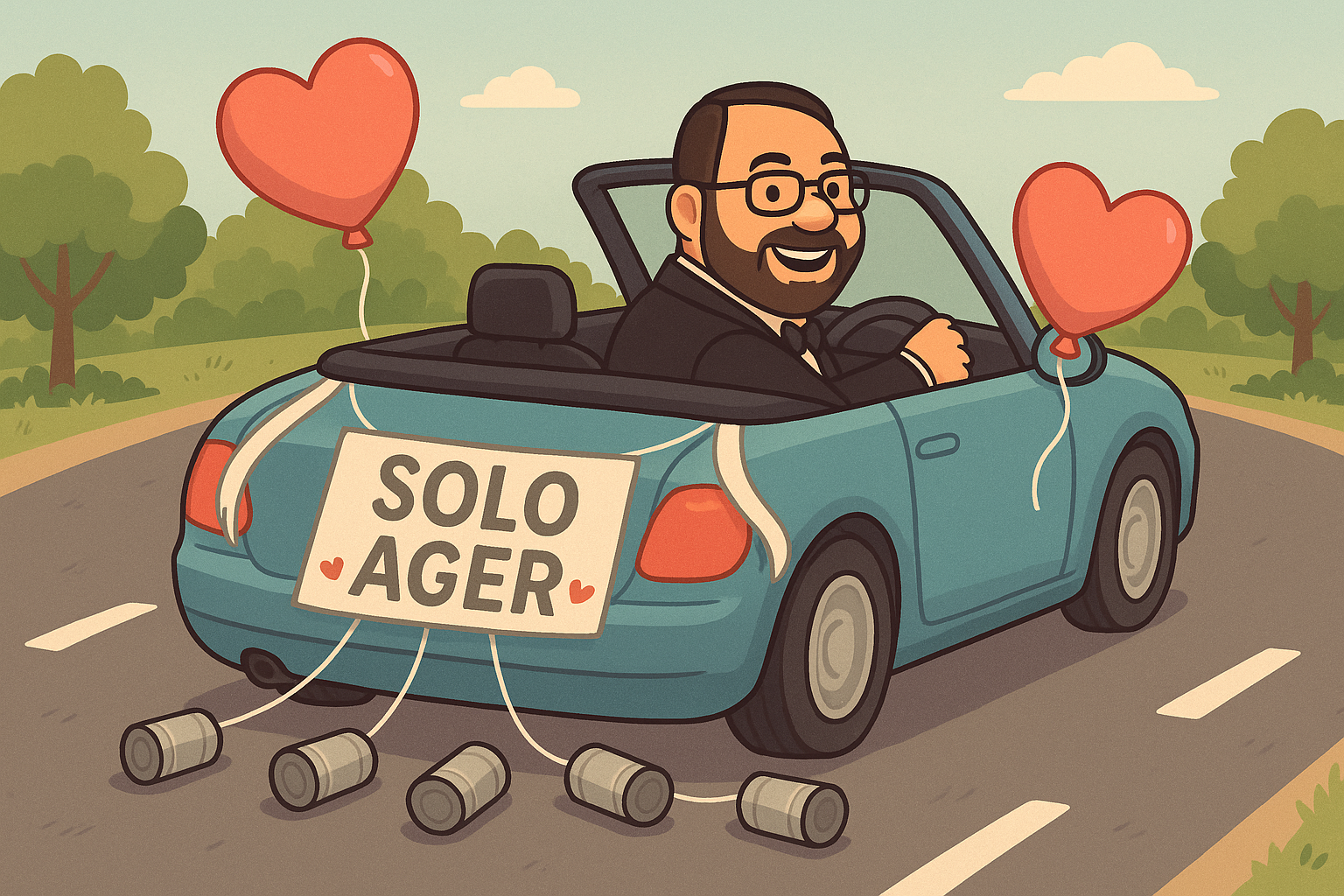 A cartoon man with a beard driving away from a wedding in a convertible