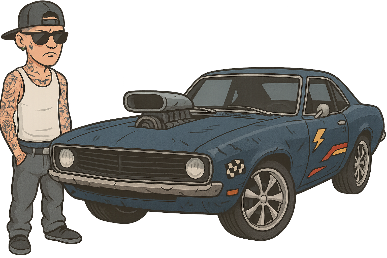 Cartoon character with muscle car illustration