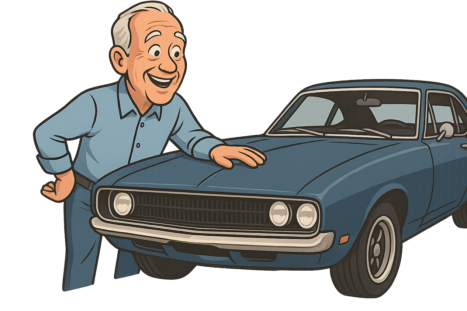 Cartoon man happily leans on vintage blue car.