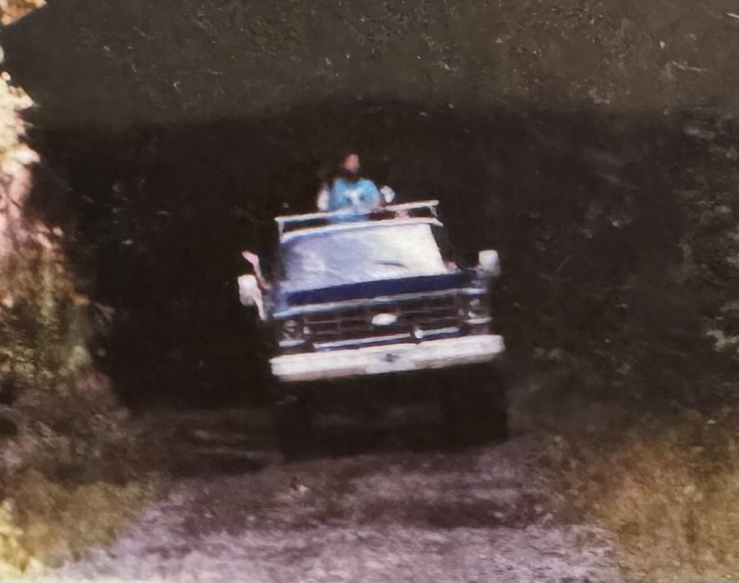 Vintage truck driving through forest dirt path.