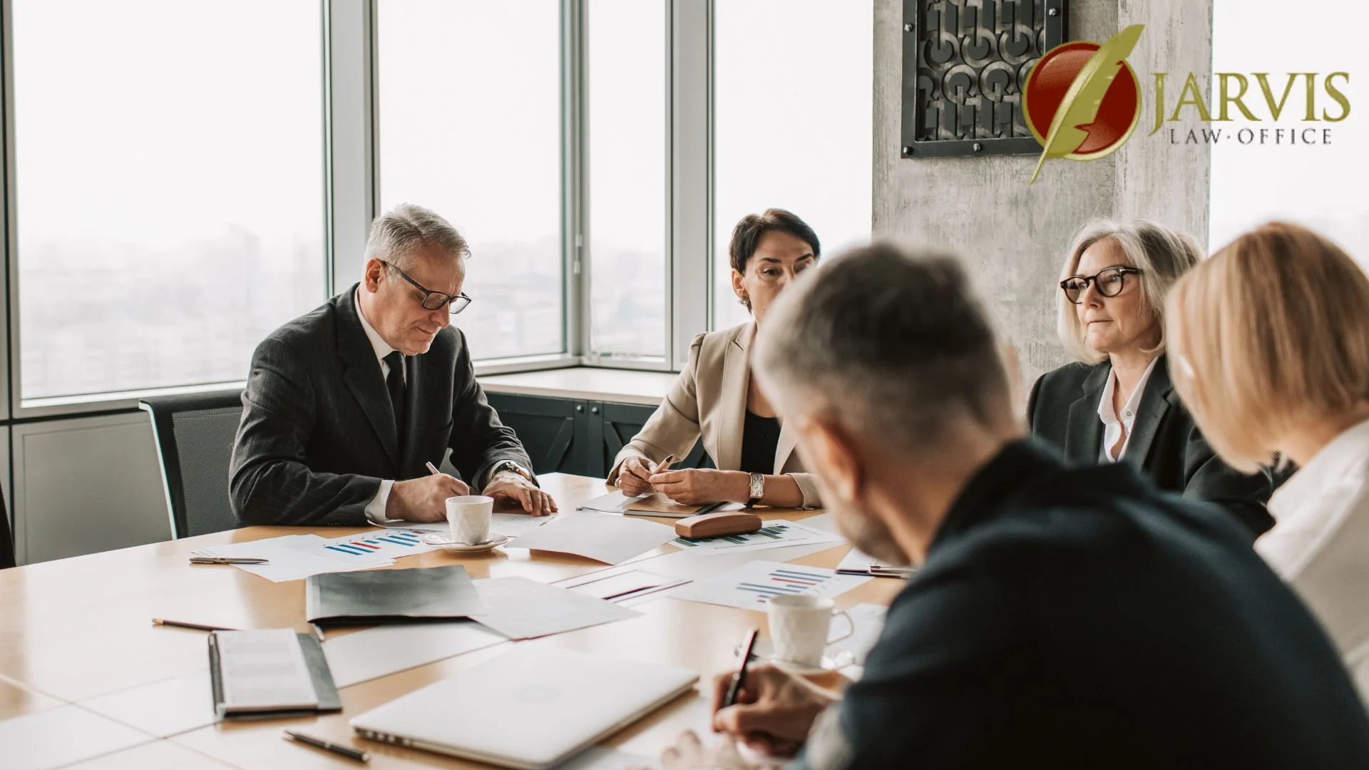 Lawyers meeting at conference table reviewing documents