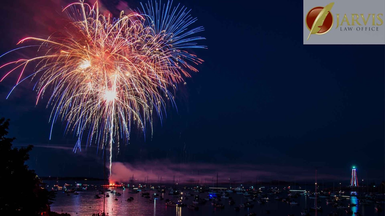 Colorful fireworks over harbor at night.