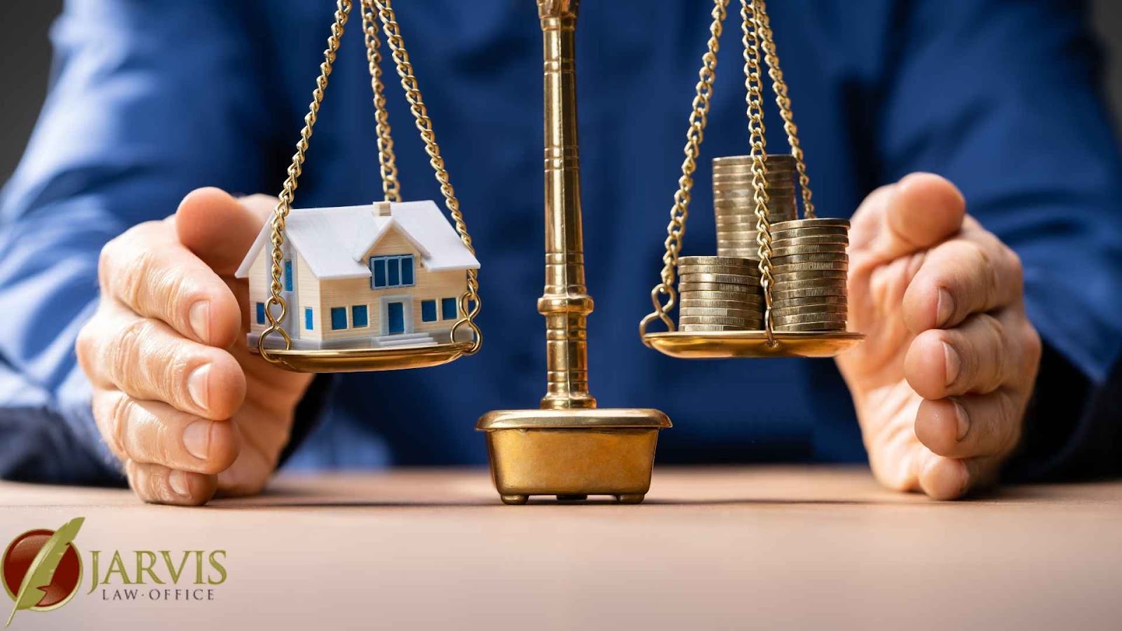 2 hands protecting a justice scale with a minuature house on the left side and a stack of coins on the right. Symbolizing medicaid asset protection