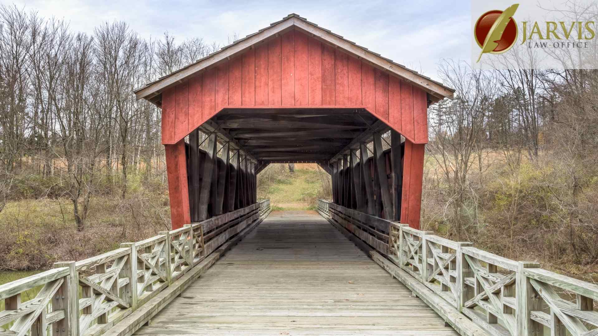 Red covered bridge in autumn landscape in St. Clairsville Ohio