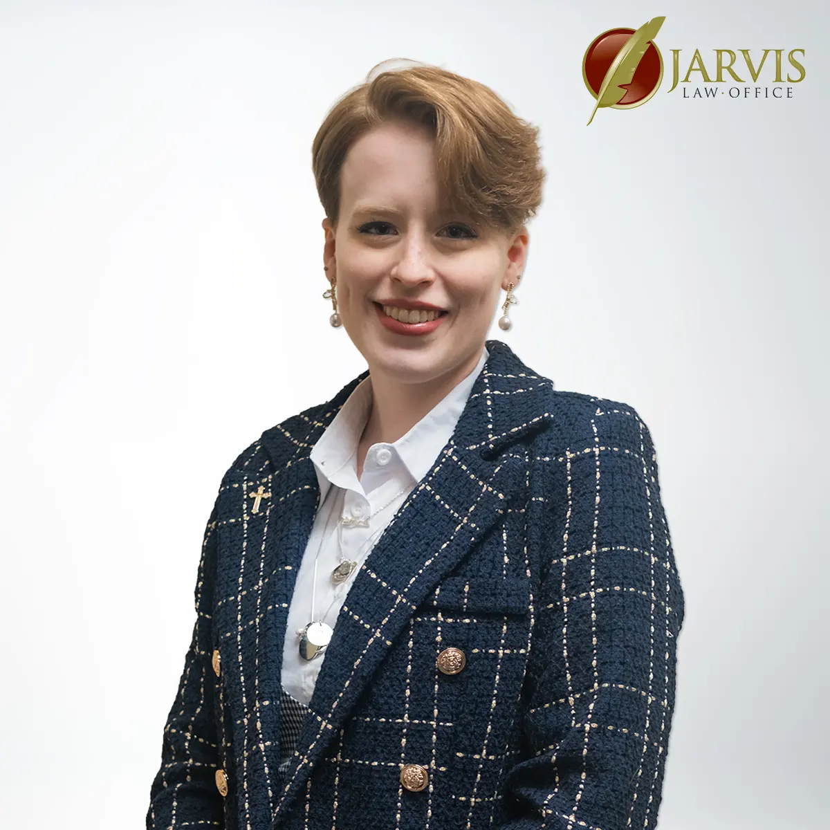 Professional woman smiling in office attire