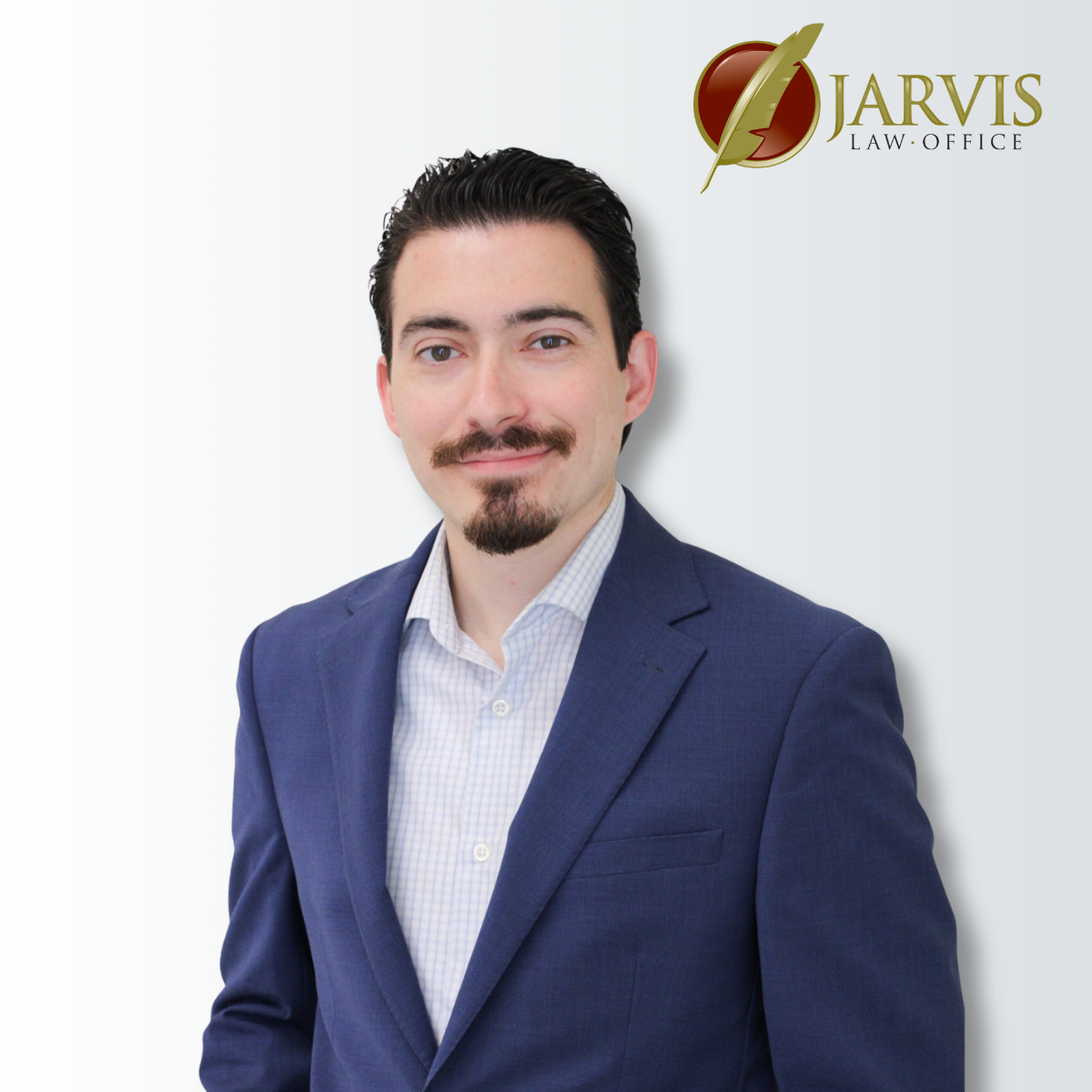 Professional portrait of man beside Jarvis Law Office logo
