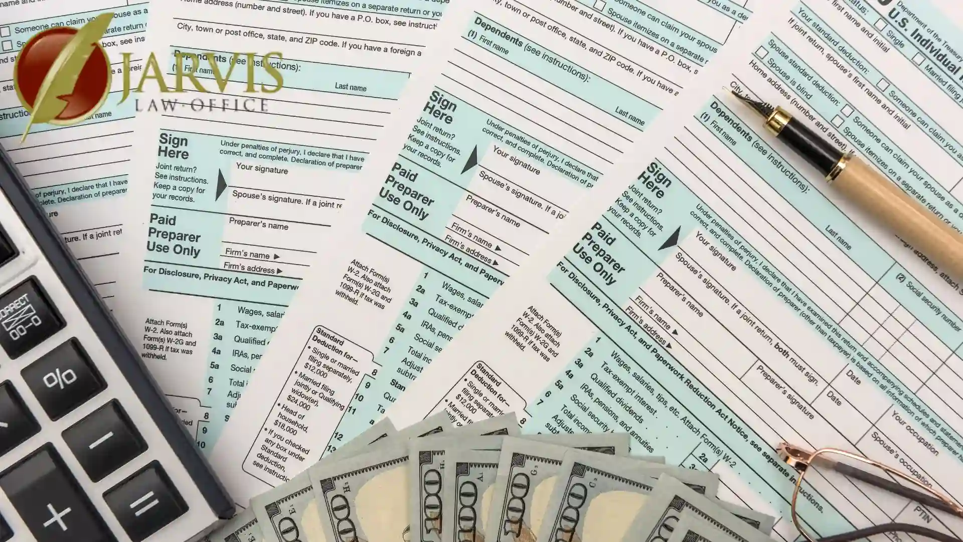 Tax forms with calculator and money