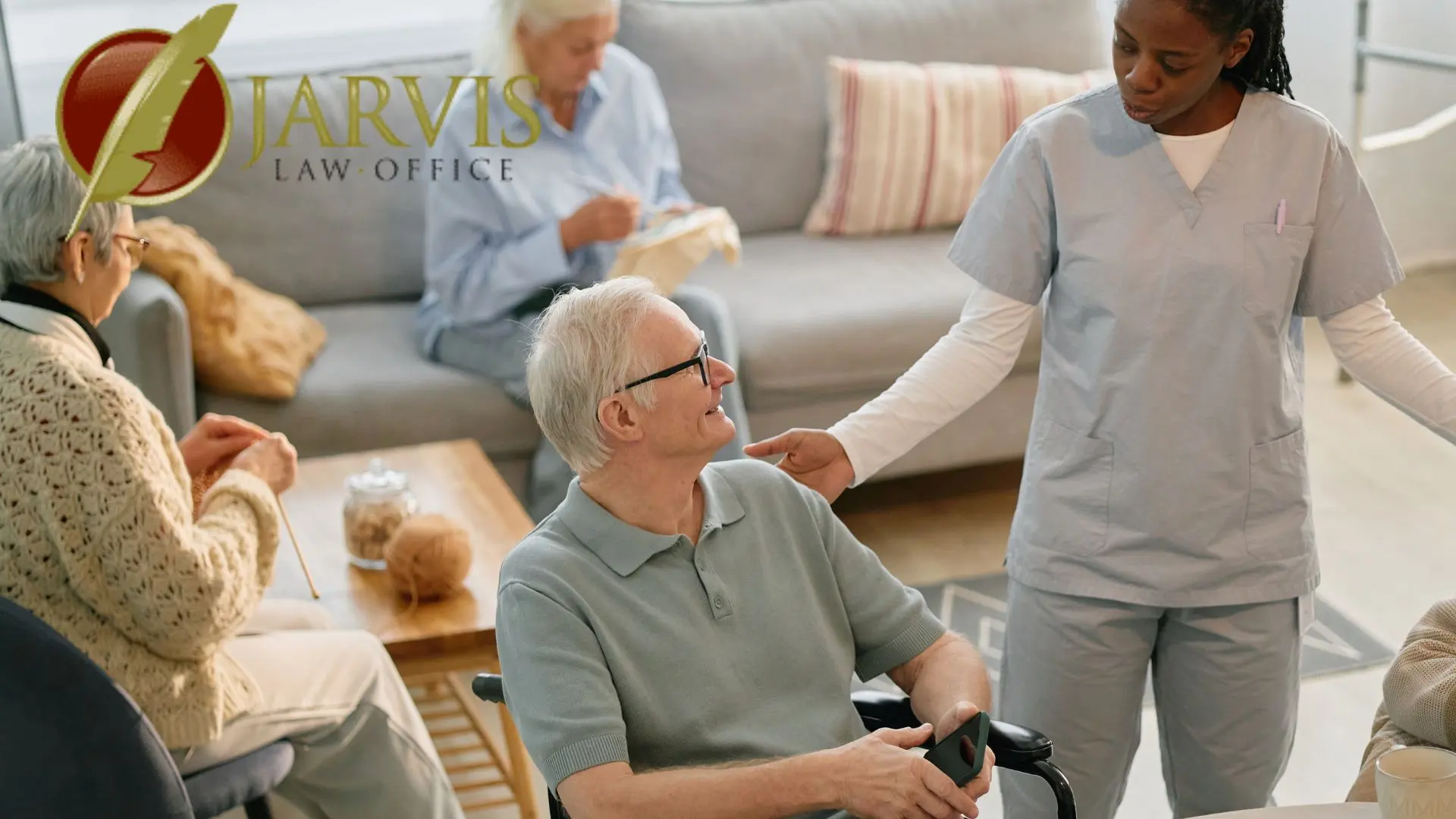 Caregiver assisting elderly man in wheelchair at senior home